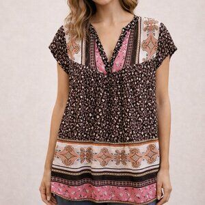 DR2 by Daniel Rainn Loose Fit Multicolor Sheer Cap Sleeve Boho Top Women XS